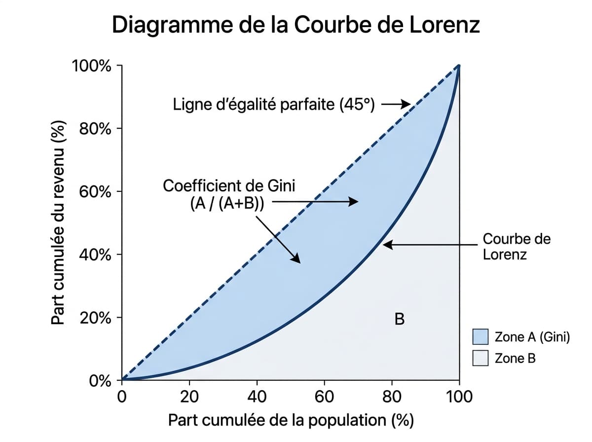 Diagramme de la courbe de Lorenz avec la ligne d'égalité parfaite en pointillés et la zone du coefficient de Gini ombrée, axes étiquetés en français.