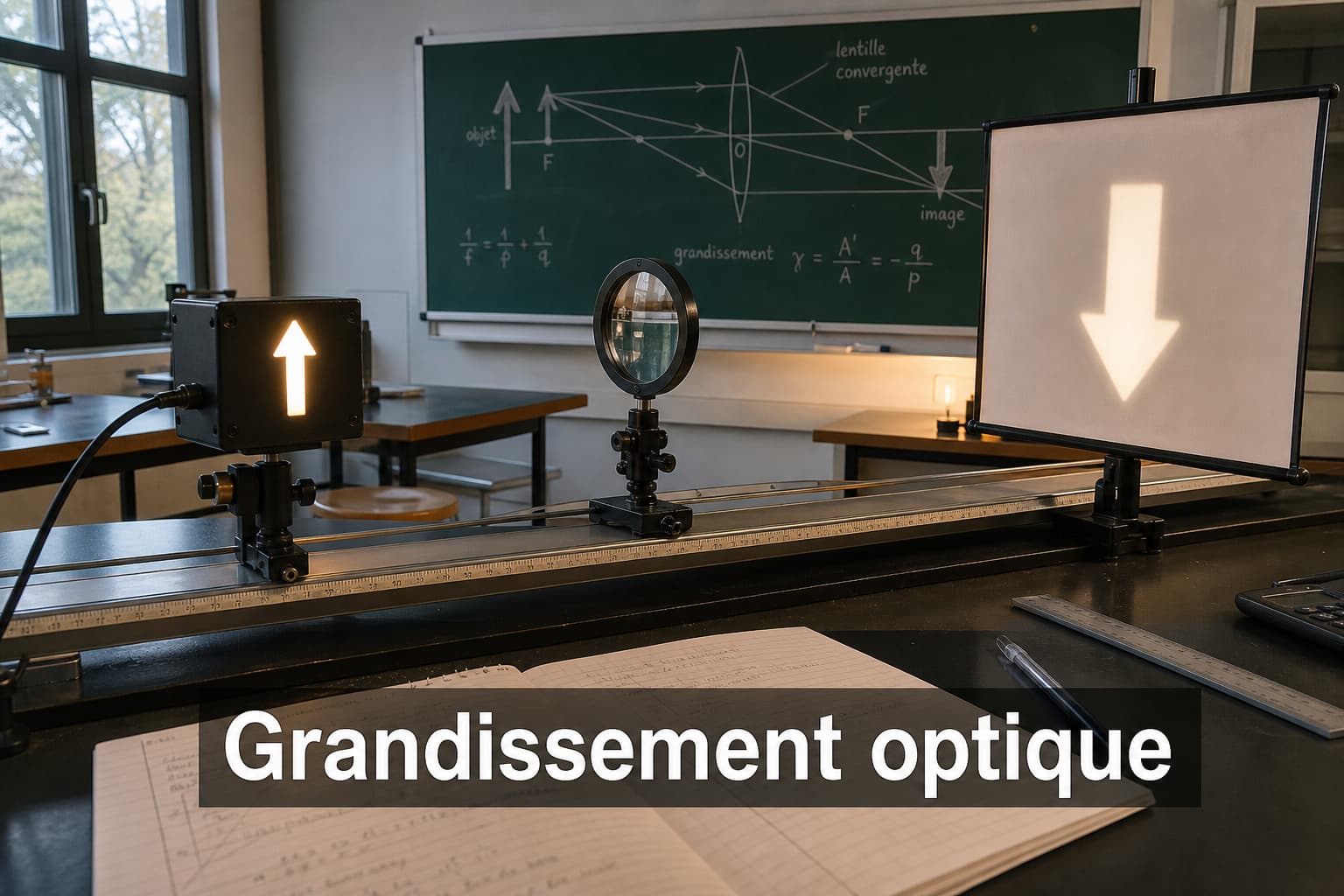 Banc optique avec une lentille convexe, une source lumineuse en forme de flèche et un écran de projection montrant une image inversée, avec un éclairage chaleureux et le texte 'Grandissement optique' en superposition semi-transparente.