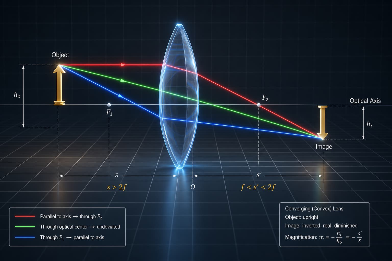 Diagramme tridimensionnel de tracé de rayons lumineux rouges, verts et bleus traversant une lentille convergente pour former une image réelle inversée, sur fond de grille sombre.