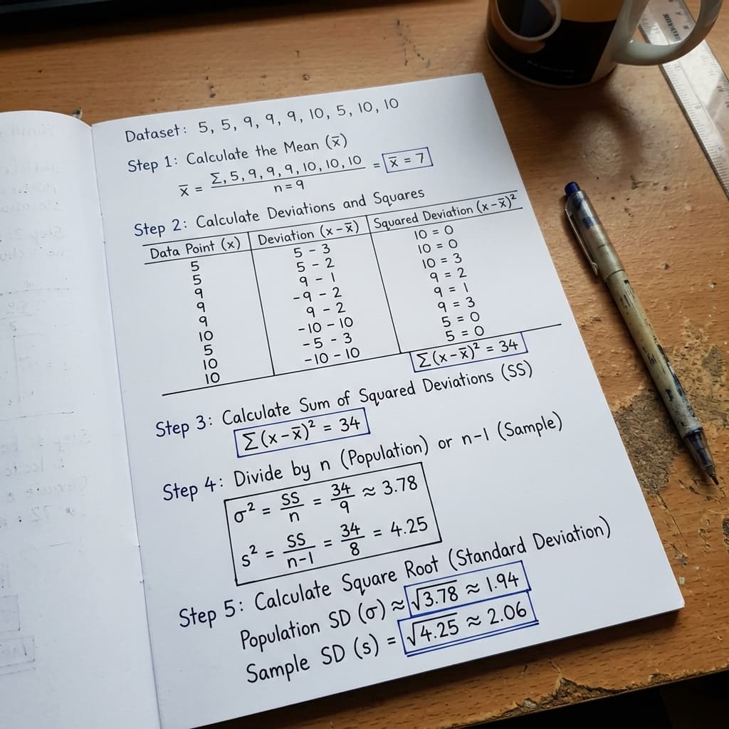 Étapes détaillées du calcul de l'écart-type écrites à la main sur un tableau noir posé sur un bureau en bois, montrant les résultats intermédiaires.