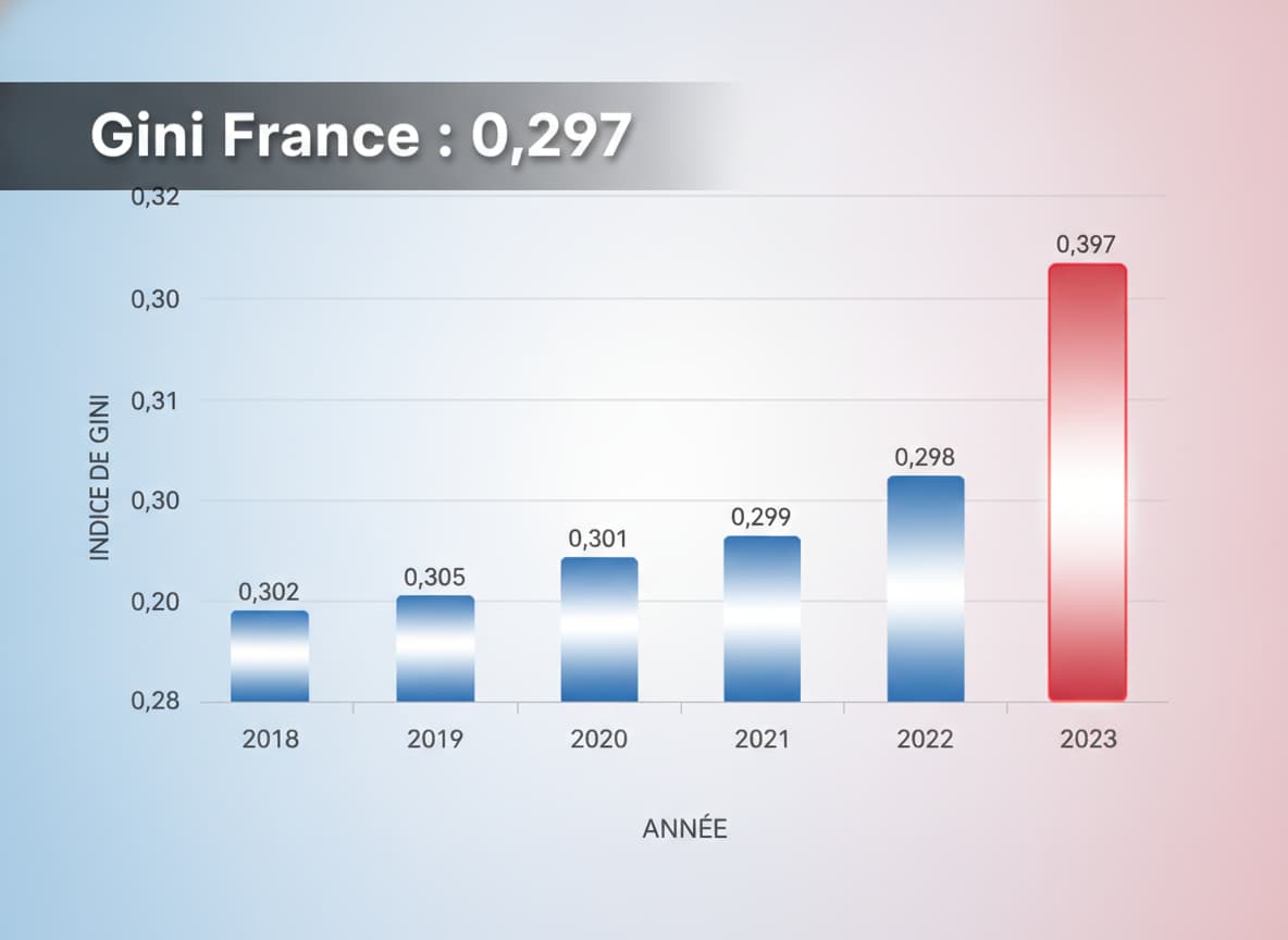 Bar chart showing the Gini index in France over recent years, with the latest highlighted bar and the text overlay 'Gini France : 0,297' on a semi-transparent dark band.