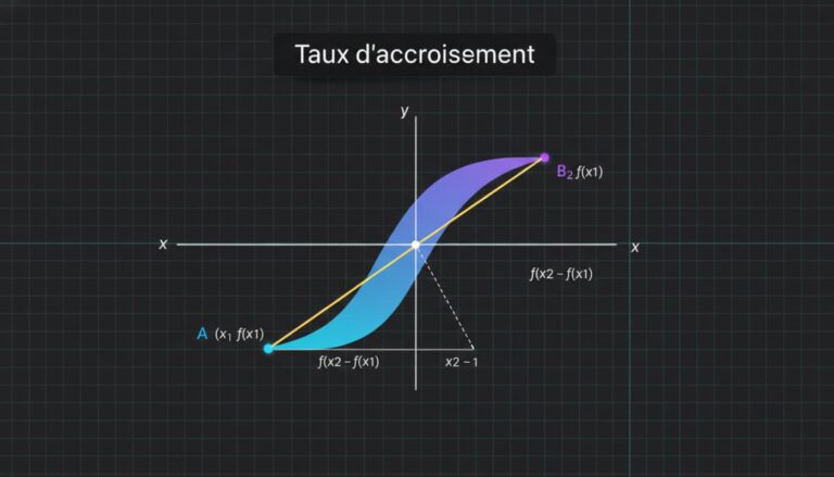 Graphique mathématique sur fond sombre quadrillé montrant une courbe lisse et une droite sécante la coupant en deux points, avec le texte superposé 'Taux d'accroissement'.