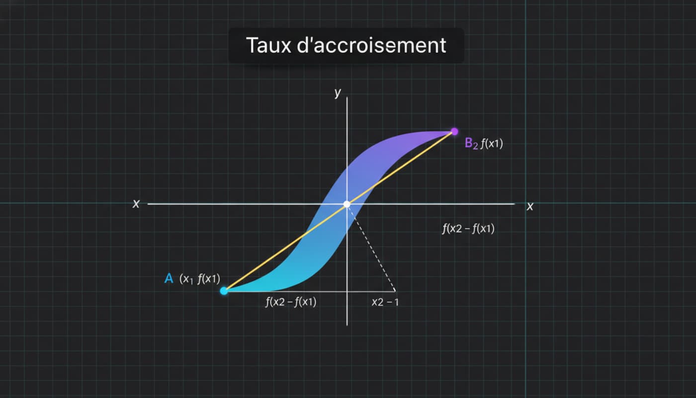 Graphique mathématique sur fond sombre quadrillé montrant une courbe lisse et une droite sécante la coupant en deux points, avec le texte superposé