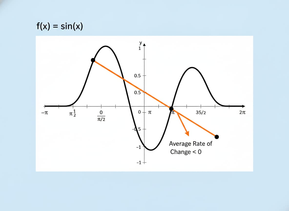 Graphique mathématique montrant une courbe sinusoïdale lisse avec une droite sécante reliant deux points, des marquages d’axe en radians et pi, sur fond bleu pastel, et le texte