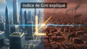 Vue d'une ville divisée entre quartiers riches et pauvres, avec un symbole de l'indice de Gini lumineux et le texte 'Indice de Gini expliqué' superposé sur un fond sombre semi-transparent.