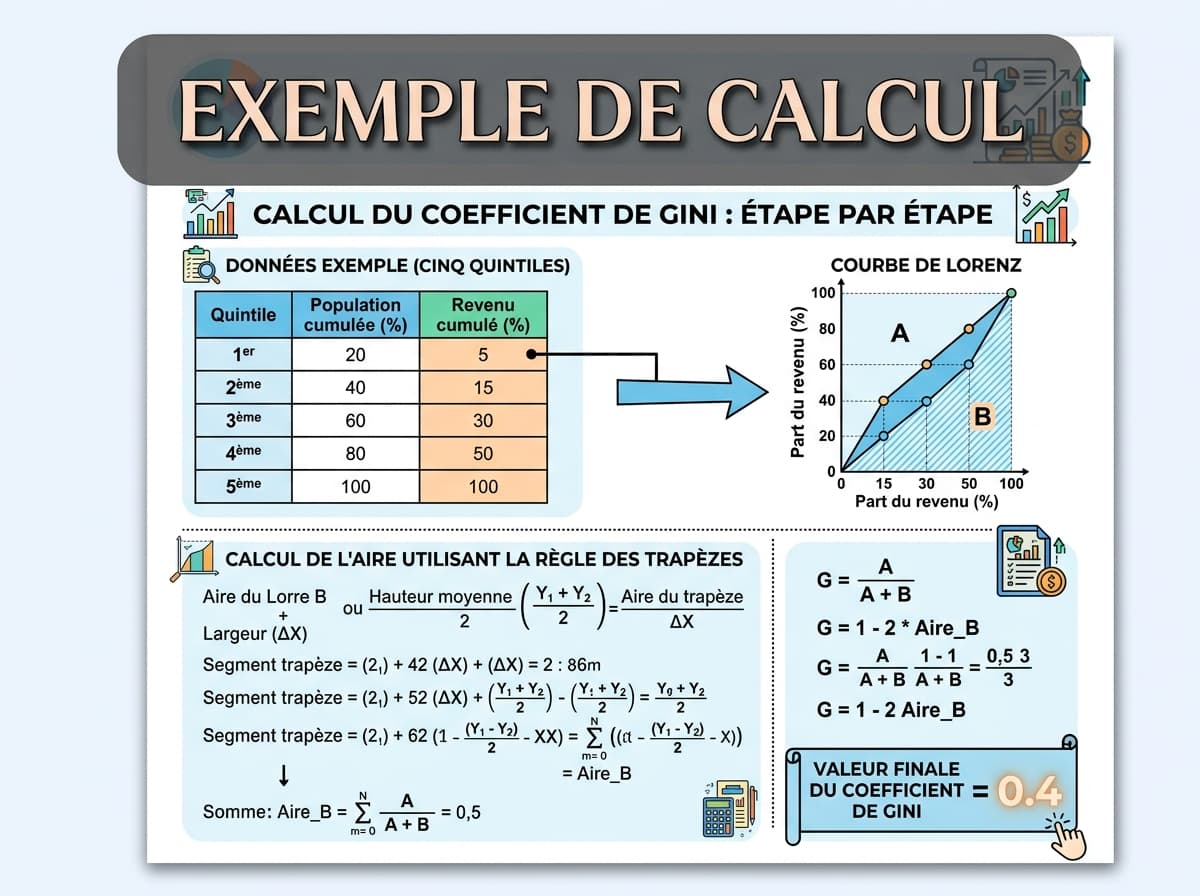 Infographie présentant un tableau de données, une courbe de Lorenz et le calcul de l'indice de Gini aboutissant à une valeur de 0,4, avec le texte 'Exemple de calcul' en superposition.