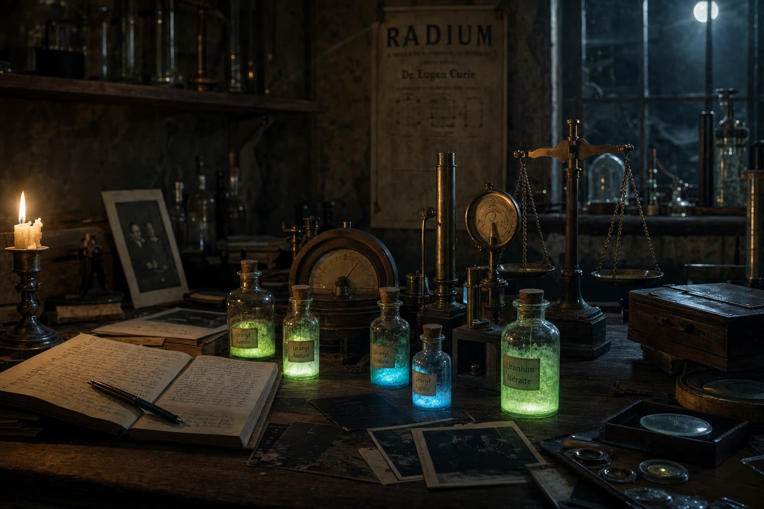 Un laboratoire du XIXe siècle faiblement éclairé avec des fioles en verre contenant des sels d