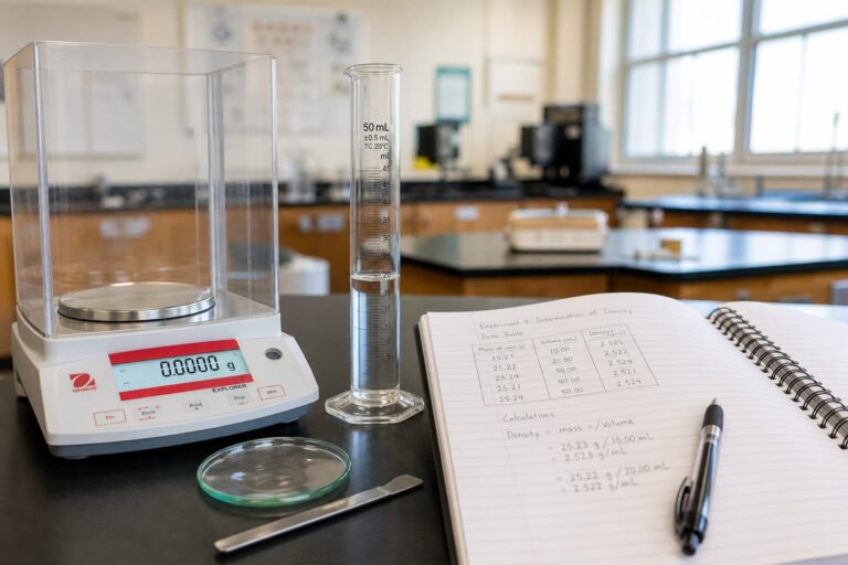 Un banc de laboratoire de physique-chimie avec une balance numérique, une éprouvette graduée et un cahier d'étudiant contenant des données de mesure, le tout éclairé par une lumière naturelle tamisée.