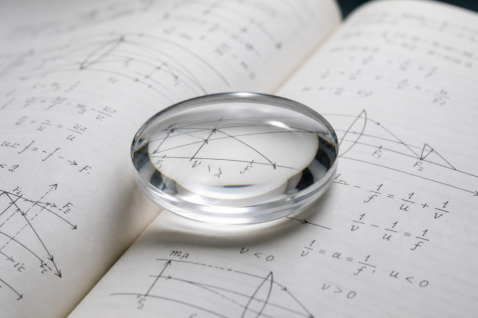 Une lentille biconvexe en verre repose sur les pages ouvertes d