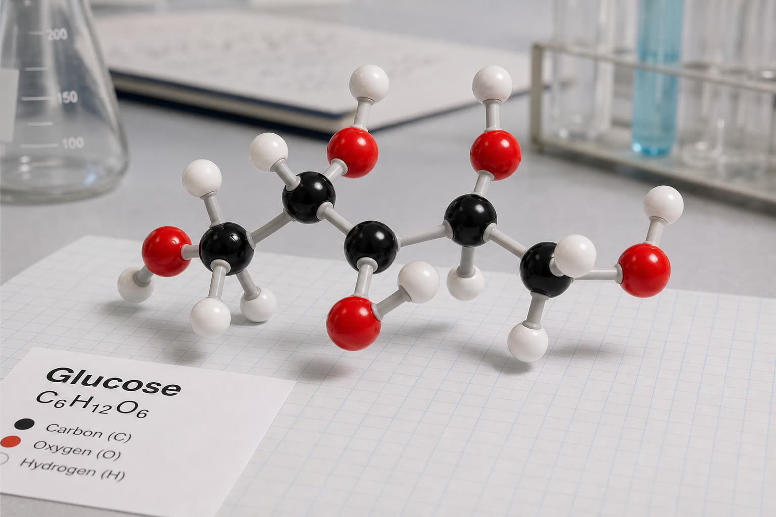 Modèle moléculaire tridimensionnel du glucose avec atomes colorés posé sur du papier millimétré dans un environnement de laboratoire.