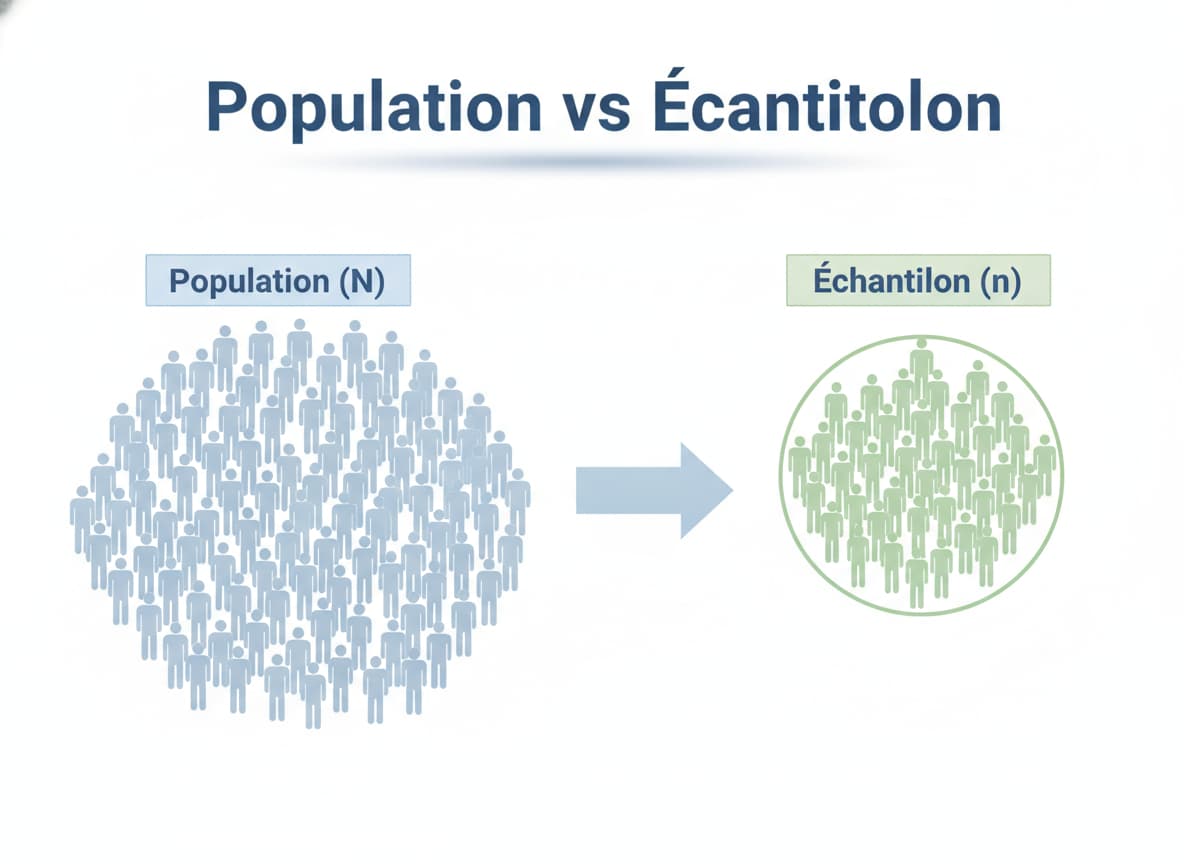 Diagramme comparatif montrant une grande foule de silhouettes à gauche représentant la population, et un sous-ensemble mis en évidence à droite représentant l'échantillon, avec le texte 'Population vs Échantillon' en surimpression.