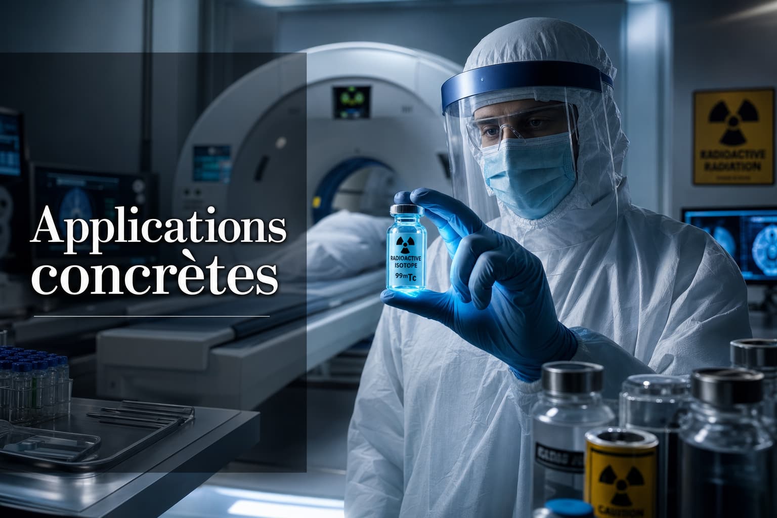 Un scientifique en combinaison de protection tient une fiole lumineuse contenant des isotopes radioactifs dans un laboratoire moderne avec équipements de scan et éclairage bleu ambiant.