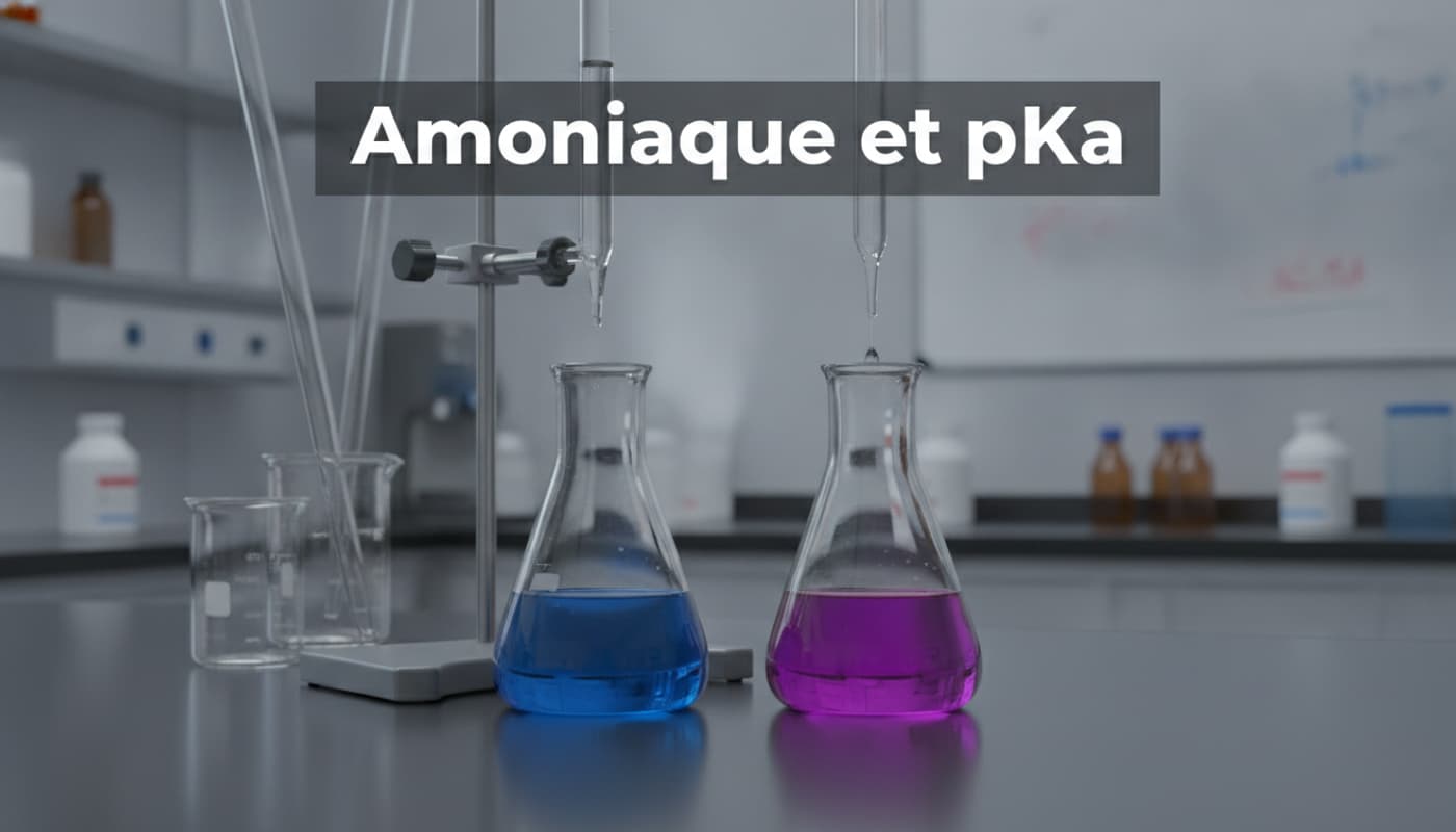 Flacons Erlenmeyer contenant des liquides bleu et violet disposés sur une paillasse sombre, éclairés par une lumière de studio dramatique avec un texte 'Ammoniaque et pKa' superposé en ombre portée sur un fond semi-transparent.