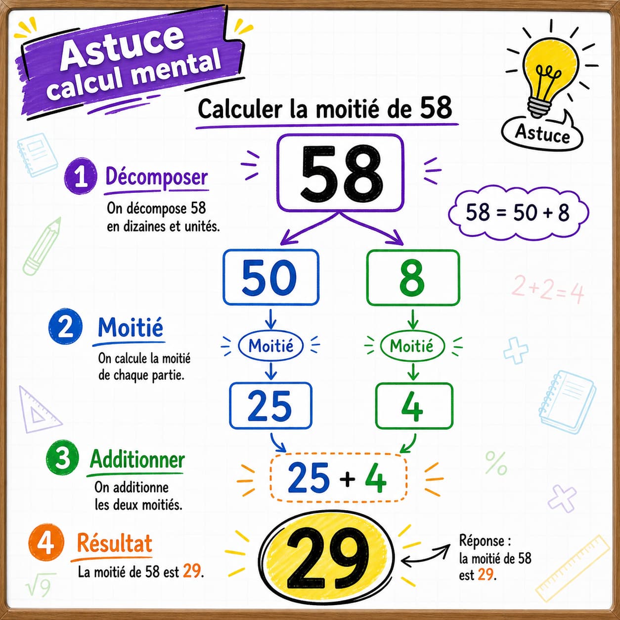 Tableau noir éducatif affichant la décomposition du nombre 58 en 50 et 8 avec des flèches vers 25 et 4, une addition donnant 29, une icône d