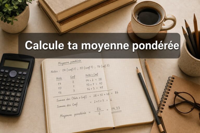 Un bureau d'étude avec un cahier affichant des calculs de moyenne pondérée, une calculatrice, des crayons et une tasse de café, en vue de dessus à plat, éclairage chaleureux, et un texte superposé 'Calcule ta moyenne pondérée'.
