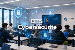 Salle de classe technique moderne avec des icônes abstraites de cybersécurité telles que boucliers et cadenas flottant au-dessus des bureaux, et texte superposé 'BTS Cybersécurité' avec ombre portée.