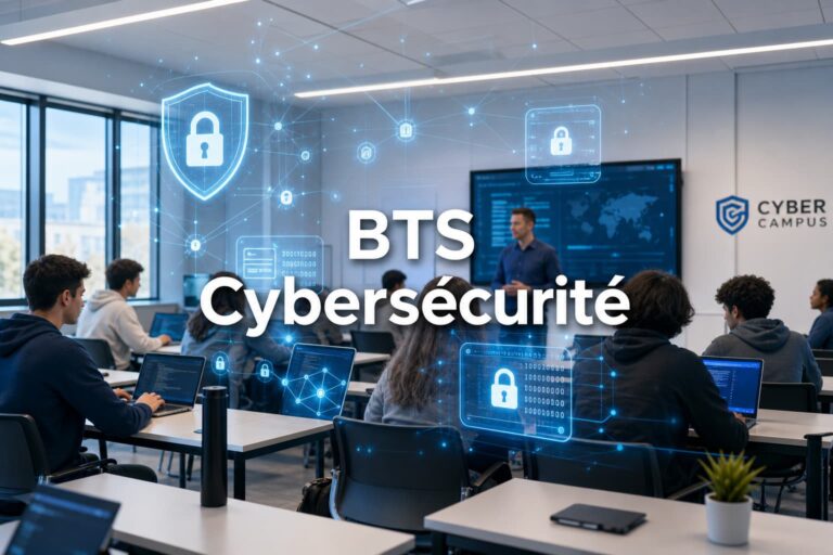 Salle de classe technique moderne avec des icônes abstraites de cybersécurité telles que boucliers et cadenas flottant au-dessus des bureaux, et texte superposé 'BTS Cybersécurité' avec ombre portée.
