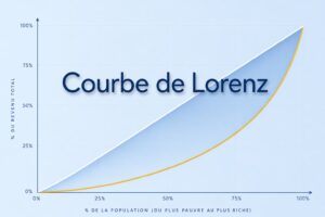 Grille aux teintes douces de bleu et doré, une ligne diagonale blanche et une courbe convexe, avec le texte 'Courbe de Lorenz' légèrement ombré.