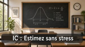 Un tableau noir dans une salle de classe moderne affiche une courbe en cloche, les symboles mu et sigma, une formule d'intervalle de confiance, et un bandeau inférieur semi-transparent avec le texte 'IC : Estimez sans stress' en police blanche élégante.