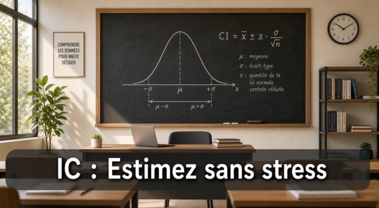 Un tableau noir dans une salle de classe moderne affiche une courbe en cloche, les symboles mu et sigma, une formule d'intervalle de confiance, et un bandeau inférieur semi-transparent avec le texte 'IC : Estimez sans stress' en police blanche élégante.