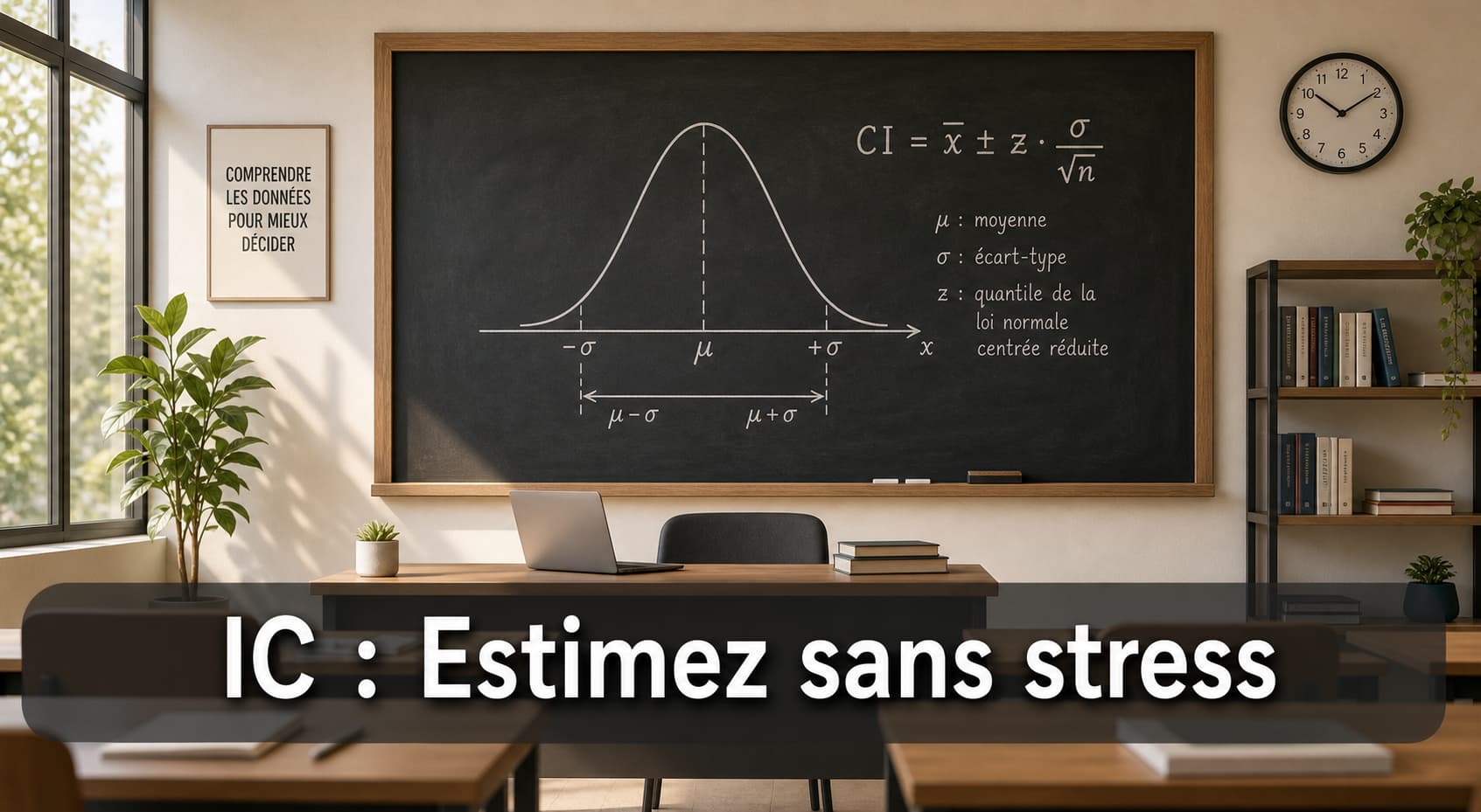 Un tableau noir dans une salle de classe moderne affiche une courbe en cloche, les symboles mu et sigma, une formule d