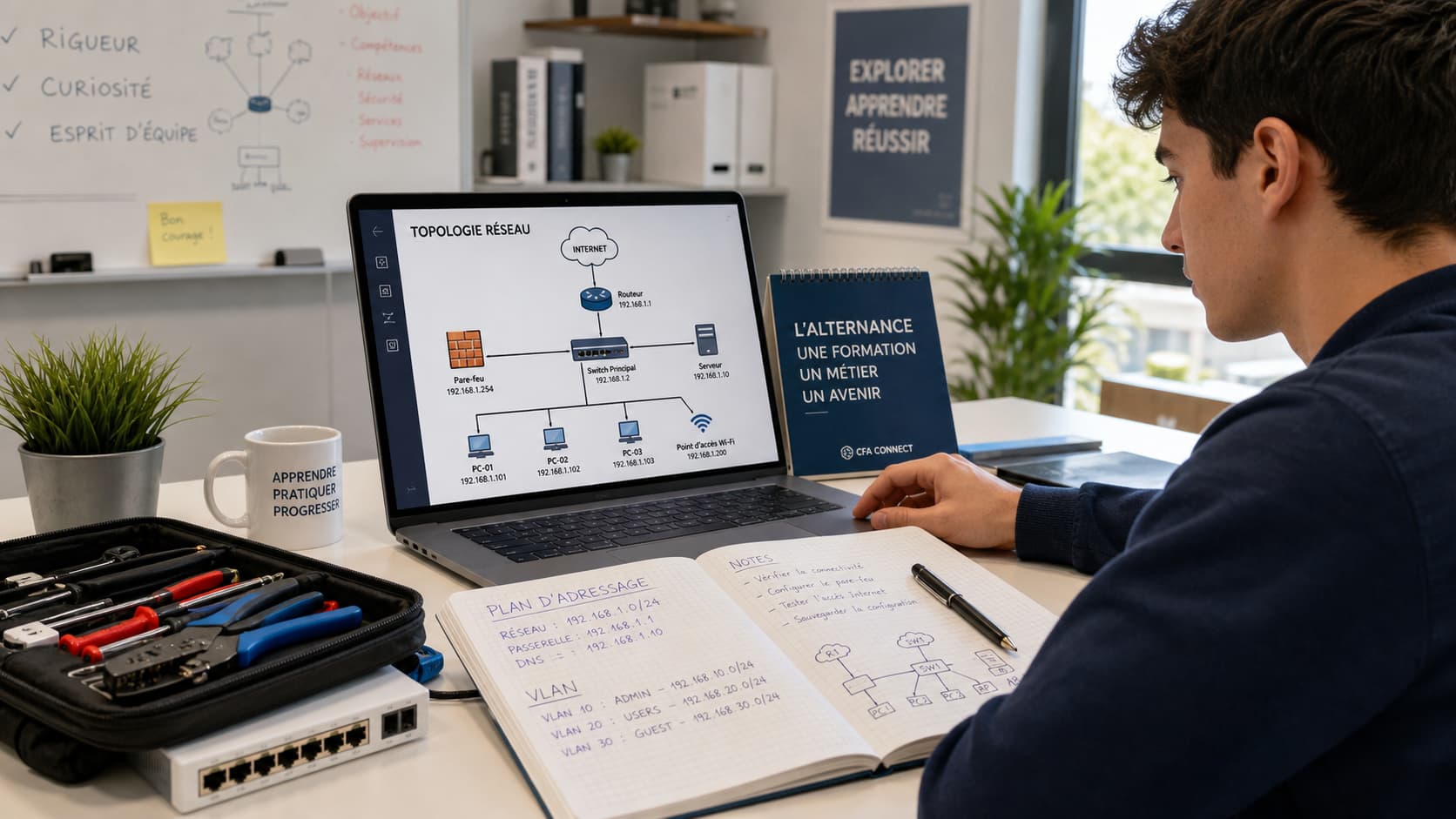 Un jeune assis à un bureau avec un ordinateur portable affichant une topologie réseau, un cahier et une petite caisse à outils à proximité, dans un cadre lumineux et moderne.