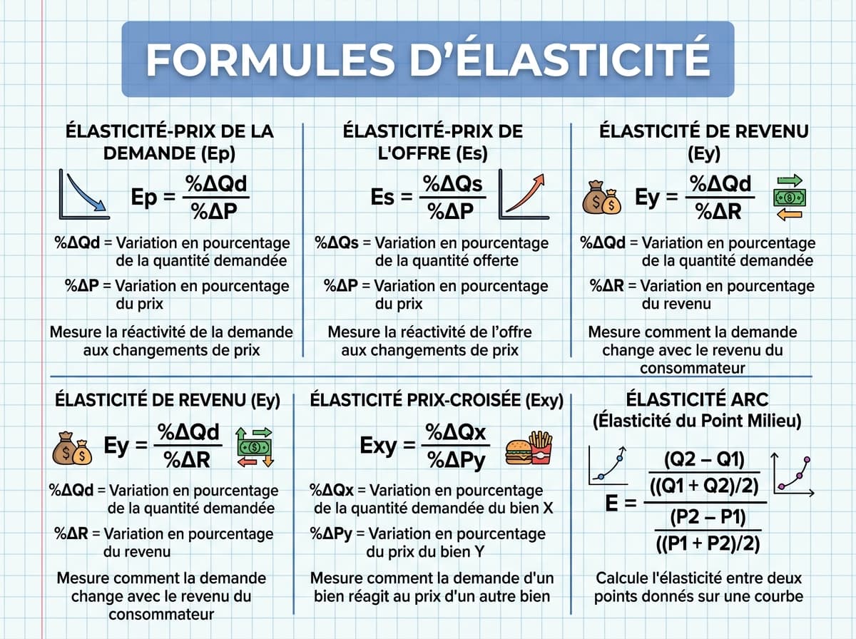 Tableau synthétique des formules d'élasticité sur un fond de papier quadrillé avec un bandeau titre en haut.