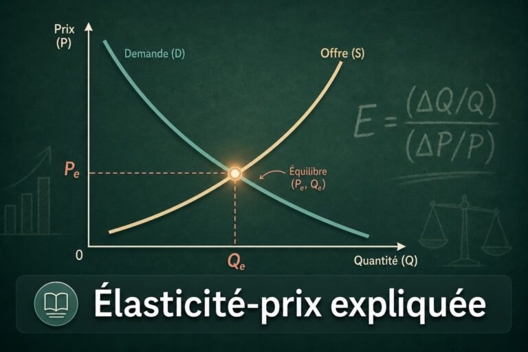 Des courbes d'offre et de demande stylisées se croisent sur un fond façon tableau noir avec une formule mathématique discrète, avec un bandeau sombre semi-transparent en bas contenant du texte.
