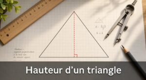 Composition géométrique montrant un grand triangle avec une hauteur en pointillés rouges et un symbole d'angle droit, entouré d'une règle, d'un compas et d'un crayon sur fond de papier quadrillé, avec un texte 'Hauteur d'un triangle' en bas.