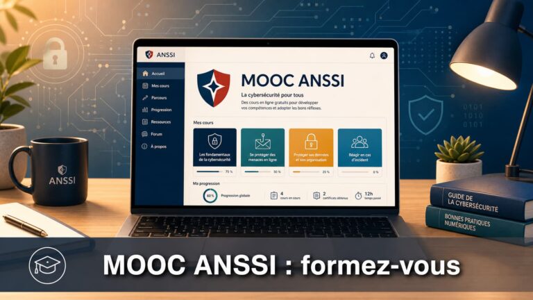 Un ordinateur portable moderne affiche une interface d'apprentissage en ligne avec le texte 'MOOC ANSSI' et une icône de bouclier, sur fond de circuits numériques subtils, avec en surimpression le texte 'MOOC ANSSI : formez-vous'.