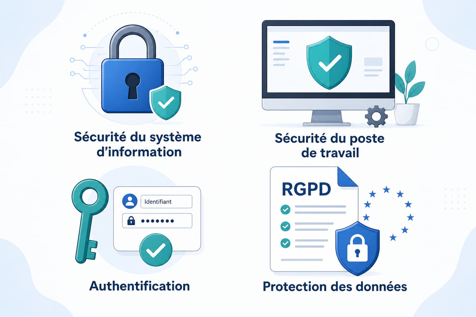 Icônes de cybersécurité comprenant un cadenas, un ordinateur avec bouclier, une clé et un document portant le texte RGPD, disposées sur un fond clair avec des étiquettes en français.