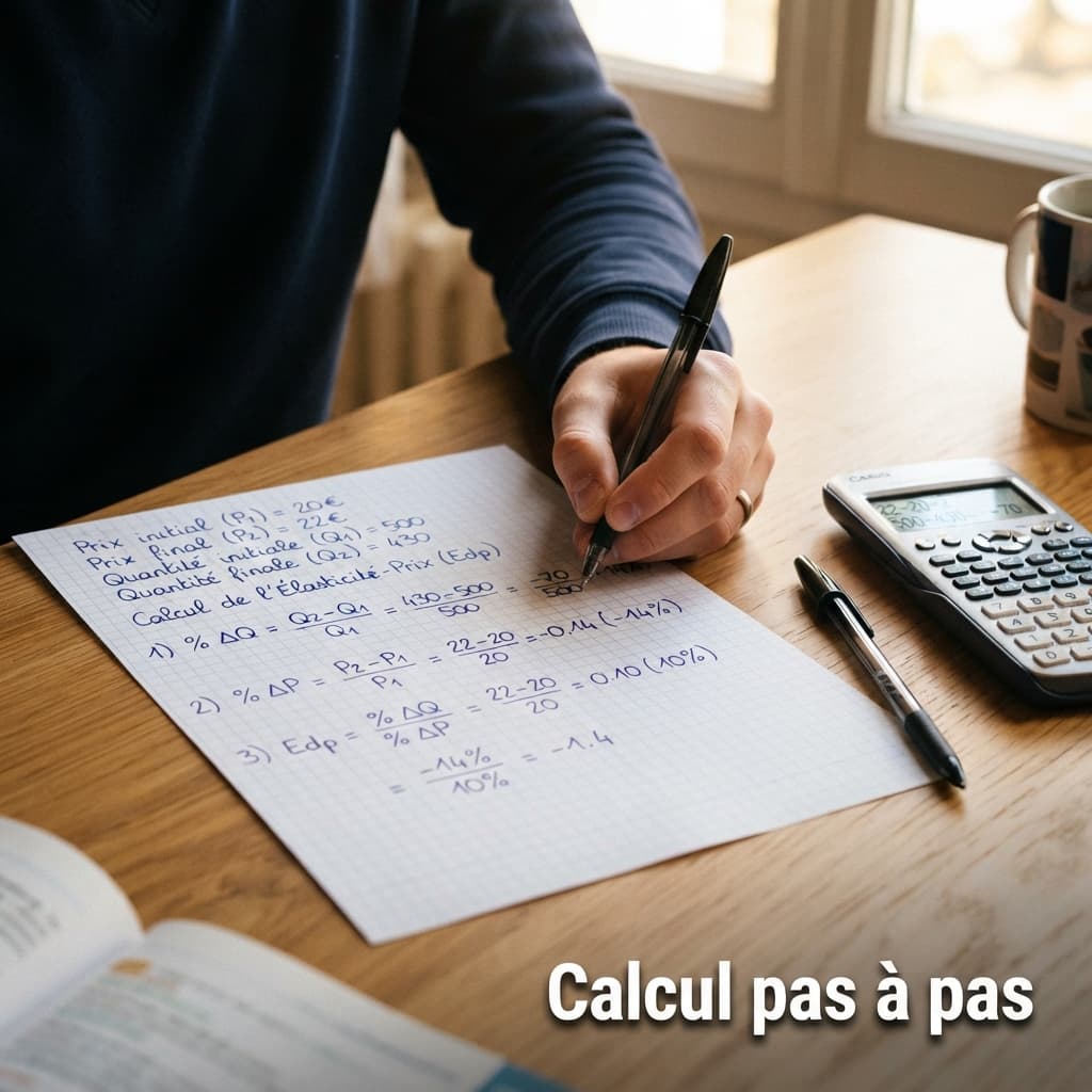 Une main écrit un calcul d'élasticité-prix sur du papier millimétré, avec une calculatrice et un stylo à proximité, les chiffres incluant 20€, 22€, 500 et 430, et le texte 'Calcul pas à pas' en surimpression.