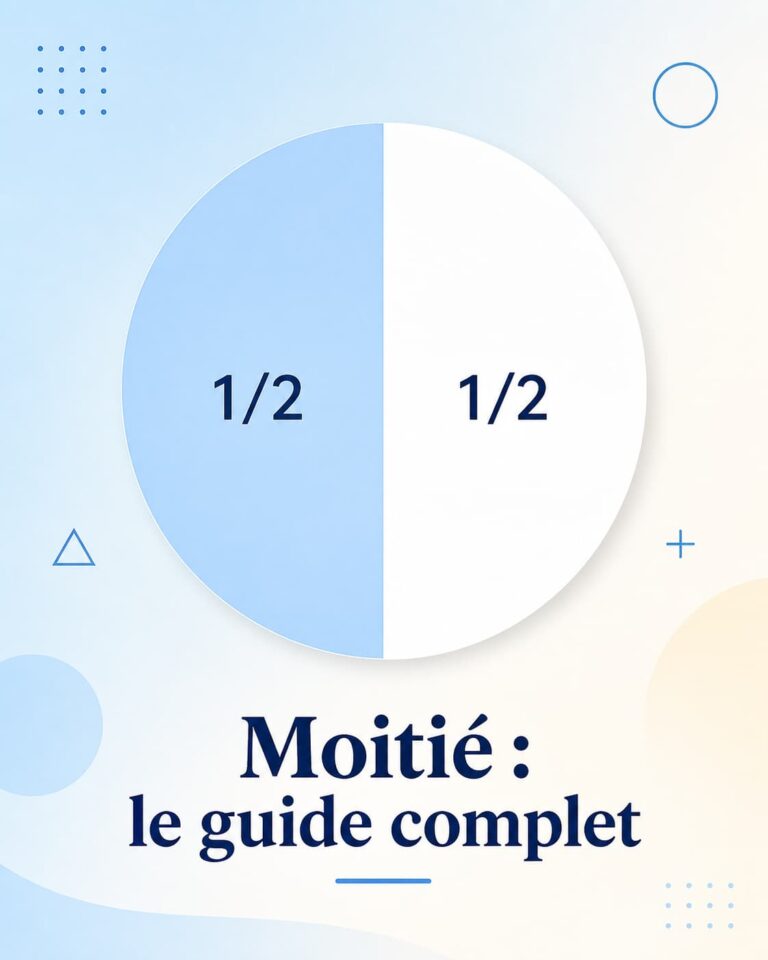 Un grand cercle divisé en deux moitiés égales, l'une bleu clair, l'autre blanche, avec le texte 'Moitié : le guide complet' centré en bas sur fond dégradé.