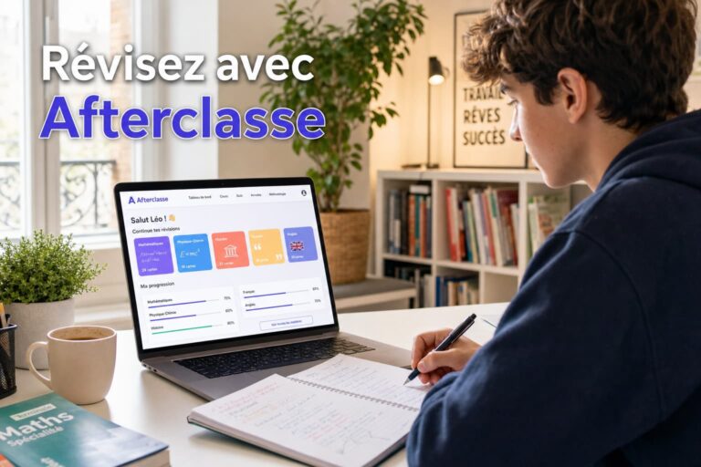 Un lycéen français étudiant à un bureau avec un ordinateur portable affichant des flashcards colorés et des barres de progression sur la plateforme Afterclasse, accompagné d'un cahier et d'une tasse de café, dans une pièce lumineuse avec une plante et une bibliothèque en arrière-plan, avec le texte 'Révisez avec Afterclasse' superposé.
