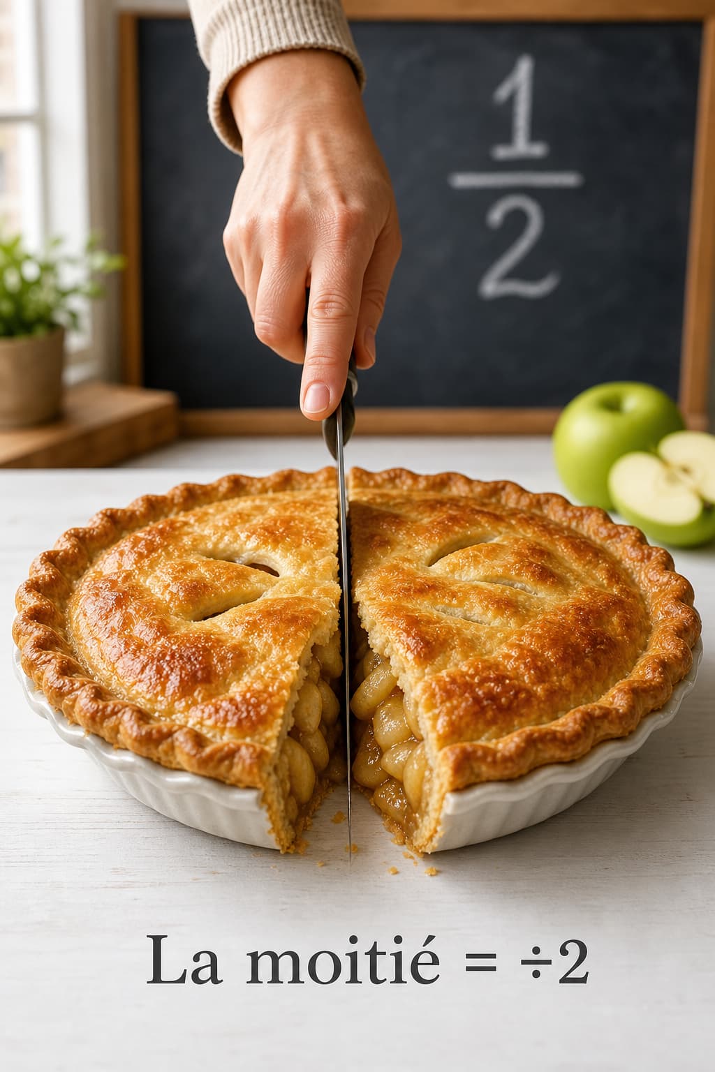Tarte aux pommes coupée en deux moitiés égales par un couteau, posée sur une table blanche, avec un tableau noir en fond affichant faiblement