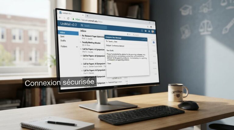 Écran d'ordinateur affichant une interface de messagerie générique avec un cadenas, devant un portail académique flouté en arrière-plan, et le texte « Connexion sécurisée » en surimpression.