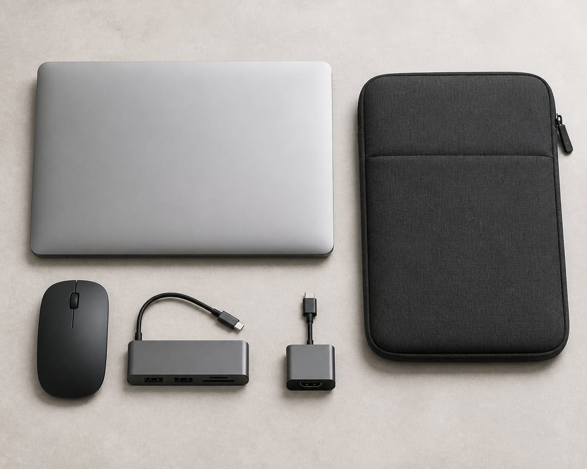 Accessoires pour ordinateur portable disposés sur un bureau : une housse de protection, une souris sans fil, un hub USB et un adaptateur vidéo, avec un ordinateur portable fermé.