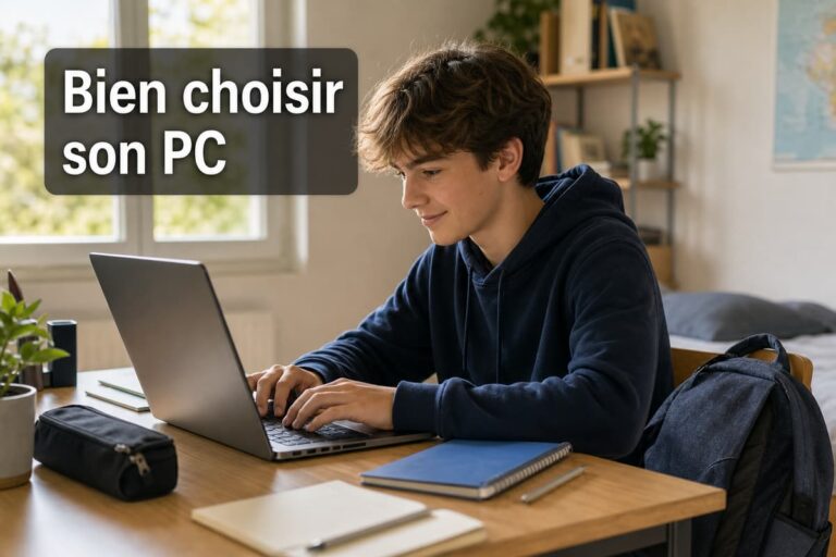 Adolescent utilisant un ordinateur portable ouvert sur un bureau, avec un sac à dos et des cahiers, et le texte « Bien choisir son PC » en surimpression.