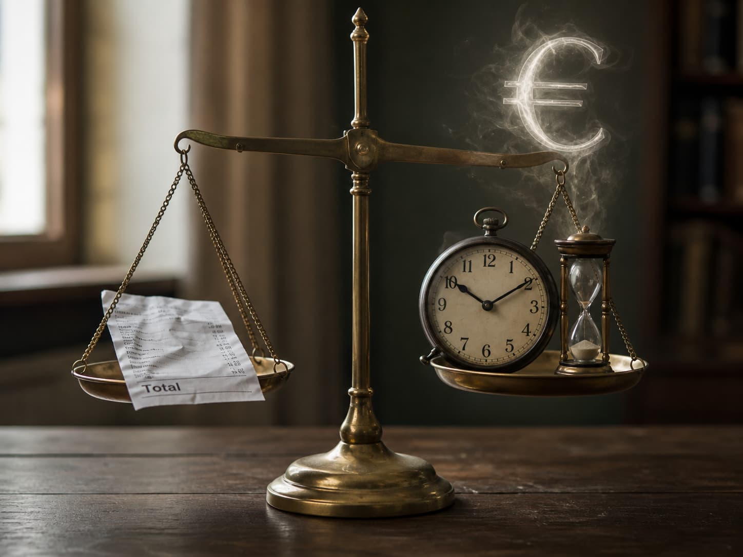Vue rapprochée d’une balance à plateaux en laiton posée sur un bureau en bois ; un plateau soutient une facture, l’autre une horloge à aiguilles et un sablier, avec un symbole monétaire estompé en arrière-plan.