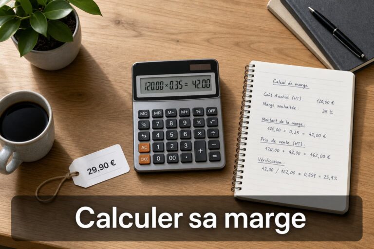 Une calculatrice moderne posée sur un bureau en bois à côté d'une étiquette de prix et d'un carnet de notes, avec le texte 'Calculer sa marge' affiché en surimpression.