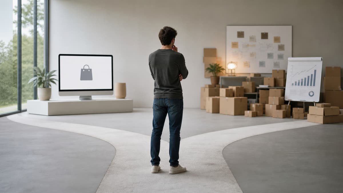 Une personne vue de dos à une bifurcation, avec un chemin menant à une boutique moderne épurée et l