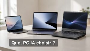 Plusieurs ordinateurs portables de styles différents posés sur un bureau neutre, dont un ultraportable fin, une station mobile plus épaisse et un MacBook reconnaissable, avec le texte 'Quel PC IA choisir ?' affiché en surimpression.