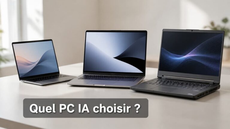 Plusieurs ordinateurs portables de styles différents posés sur un bureau neutre, dont un ultraportable fin, une station mobile plus épaisse et un MacBook reconnaissable, avec le texte 'Quel PC IA choisir ?' affiché en surimpression.