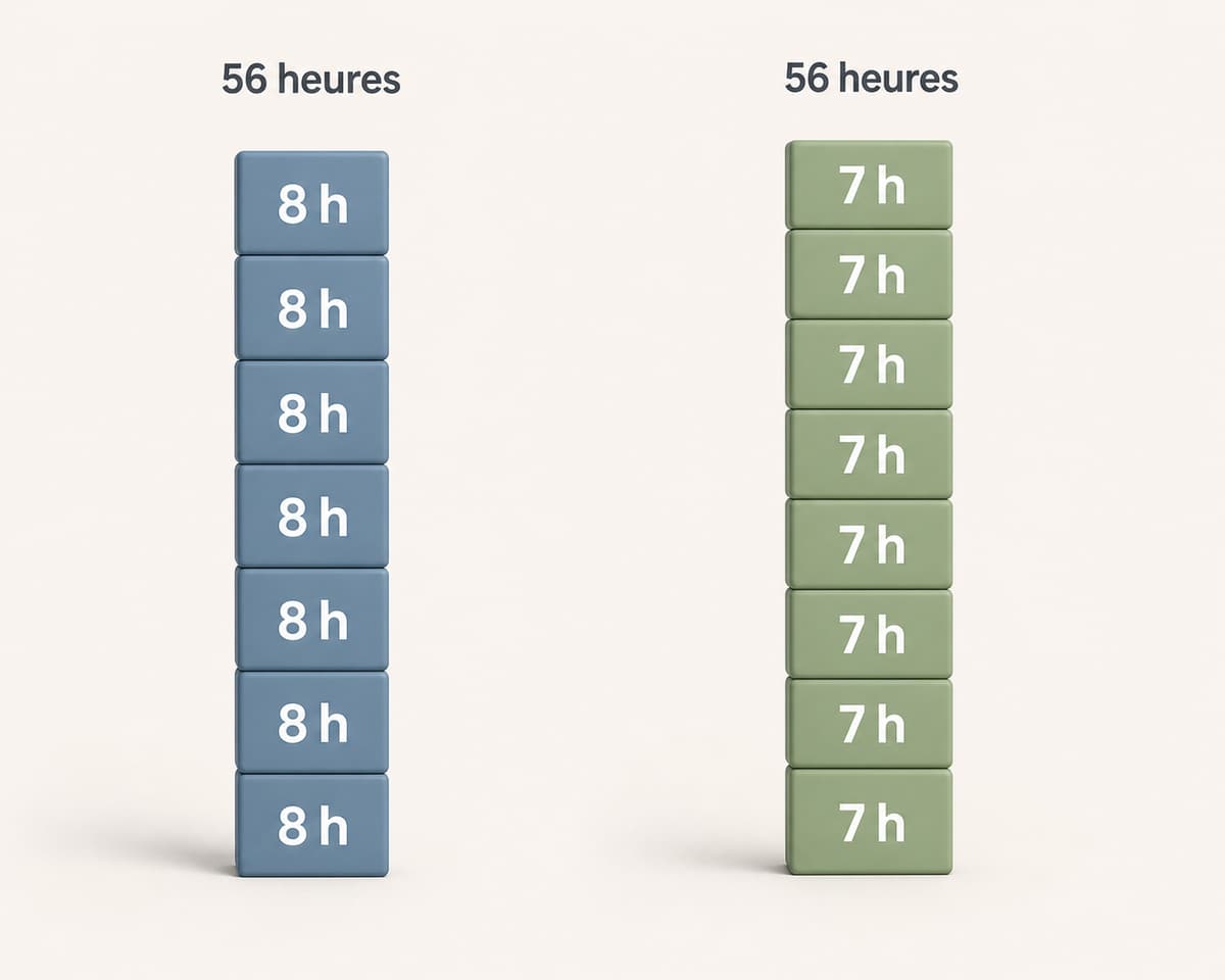 Deux groupes de blocs côte à côte : à gauche sept blocs étiquetés 8 h, à droite huit blocs étiquetés 7 h, chacun totalisant 56 heures.