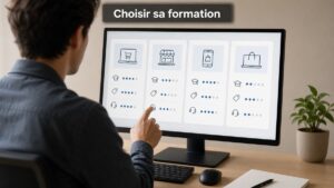 Une personne devant un écran compare des cartes de formation e-commerce avec des icônes et le titre « Choisir sa formation ».
