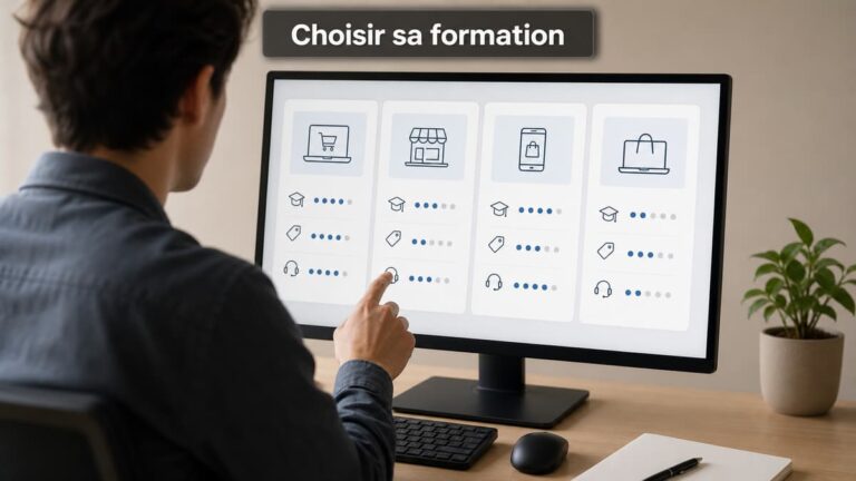 Une personne devant un écran compare des cartes de formation e-commerce avec des icônes et le titre « Choisir sa formation ».
