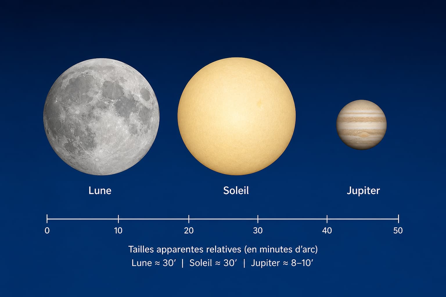 Trois disques représentant la Lune, le Soleil et Jupiter avec une échelle comparative de leurs diamètres apparents