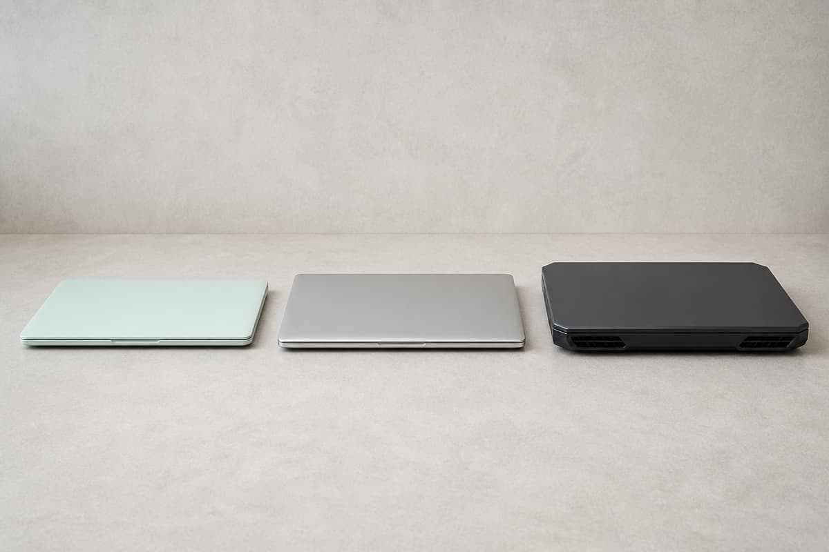Trois ordinateurs portables fermés alignés côte à côte sur une table neutre : un Chromebook fin de couleur pastel, un ultrabook argenté et un ordinateur portable gaming plus épais aux lignes anguleuses.