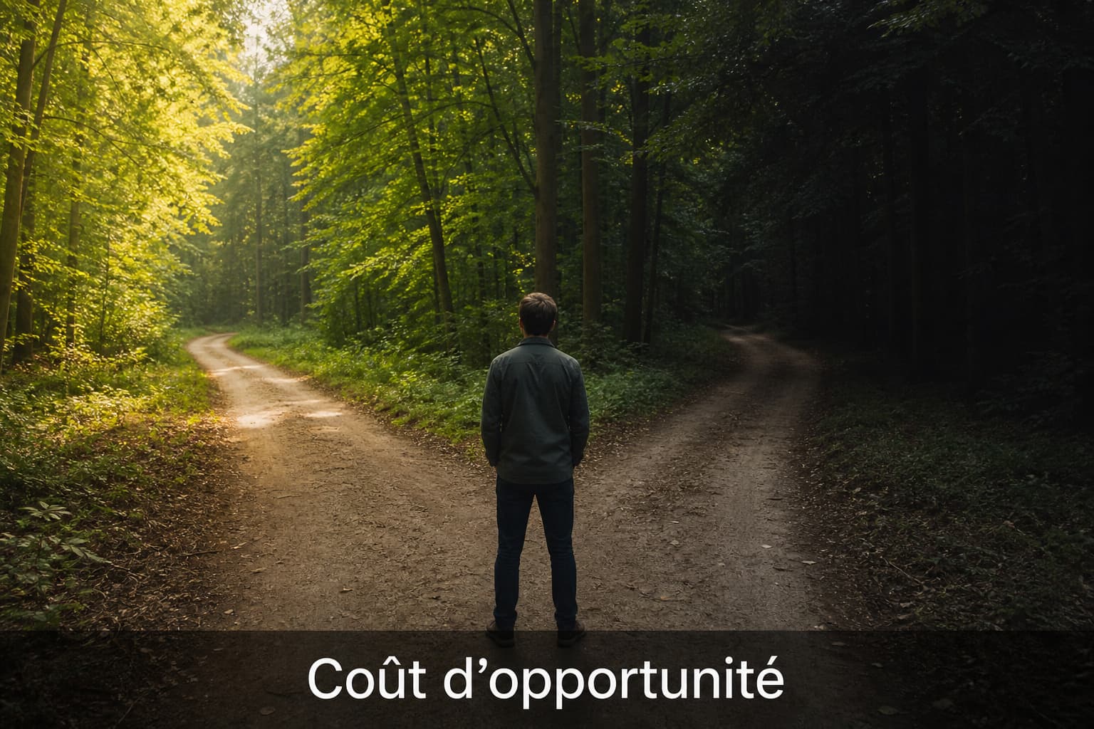 Personne de dos hésitant à un embranchement entre un chemin lumineux et un autre estompé, avec le texte