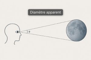 Un observateur simplifié regarde un objet céleste circulaire distant ; deux lignes de visée depuis son œil forment un angle marqué par la lettre θ. Le texte 'Diamètre apparent' est superposé.